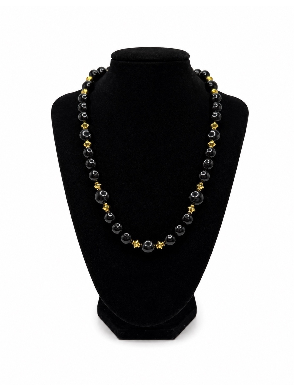Jewelry By GG Black and Gold Onyx and Pewter 9.5" Beaded Necklace